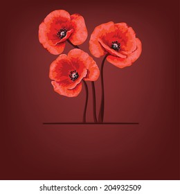 Decorative card with flowers of poppies. Greeting card with red flowers.
