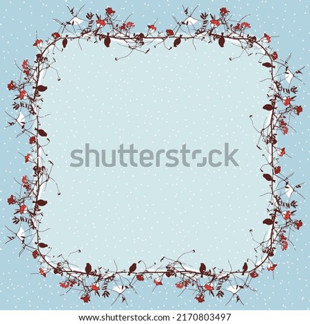 Decorative card with frame of silhouettes birds on rowan branches in snowy winter 