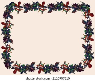 Decorative card with frame from watercolor drawings of autumn branch viburnum with ripe berries 
