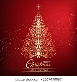 Decorative card of golden Christmas tree, star, text. Lettering Happy New Year, Merry Christmas symbol, ornate elements for winter holidays, Xmas design. Vector sketch illustration on red background