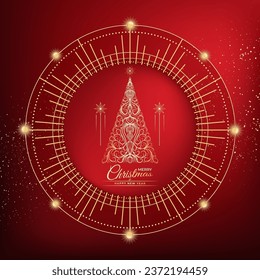 Decorative card of golden Christmas tree, stars, text. Happy New Year, Merry Christmas symbol, round ornate composition, elements for winter holiday, Xmas design. Vector illustration on red background