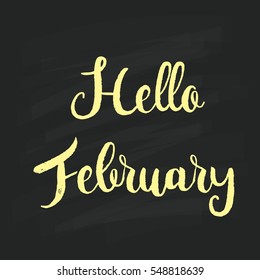 Decorative card with hand drawn lettering. "Hello February"