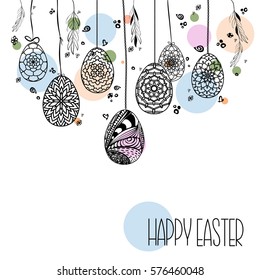 Decorative Card with Hanging Easter hand drawn ornamental eggs and floral elements on colored dots in pastel shades. Doodle style. Stock vector