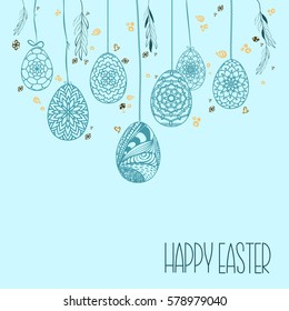 Decorative Card with Hanging Easter hand drawn ornamental eggs and floral elements in soft shades. Doodle style. Stock vector