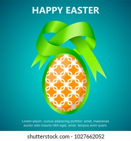 Decorative card and happy Easter poster on a beautiful background. Egg with a festive bow.