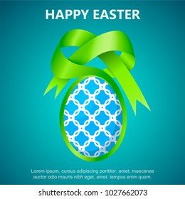 Decorative card and happy Easter poster on a beautiful background. Egg with a festive bow.