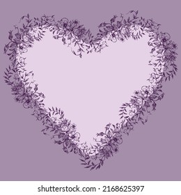 Tarjeta decorativa con borde de forma cardíaca a partir de bocetos ramas florales vintage con hojas, flores y tendris