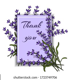 Decorative card with the inscription Thank you and lavender flowers. Rectangular banner with wildflowers and leaves, illustration, vector. Spring ornament. Drawn by hand