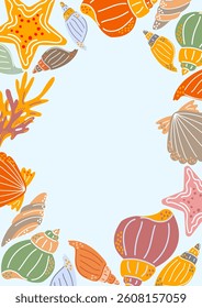 Decorative card with marine theme. Seashells, corals, and starfish form colorful frame on light blue background. Perfect for summer invitations, greeting cards, and beach designs