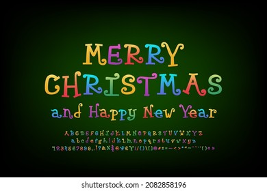 Decorative card Merry Christmas and Happy New Year. Multicolor curly font on dark-green background