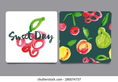 Decorative card painted with watercolors. Seamless pattern. Set of fruits.