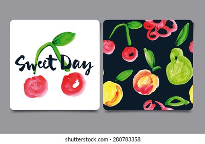 Decorative card painted with watercolors. Seamless pattern. Set of fruits.
