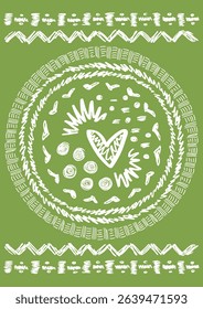 Decorative card, poster with handwritten elements - declaration of love. A4 format. White image on an olive background. Doodles and squiggles. Vector illustration