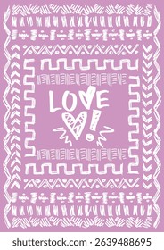 Decorative card, poster with handwritten elements - declaration of love. A4 format. White image on a lilac background. Doodles and squiggles. Vector illustration