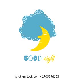Decorative card with quote Good night. Cartoon style hand drawn moon and clouds.