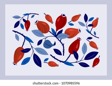 Decorative card with rosehip.  Hand-drawn vector Illustration