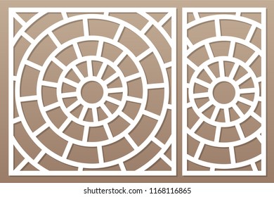 Decorative card set for cutting laser or plotter. Linear circular pattern panel. Laser cut. Ratio 1:2; 1:1. Vector illustration.