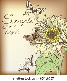 decorative card with sunflower and butterflies