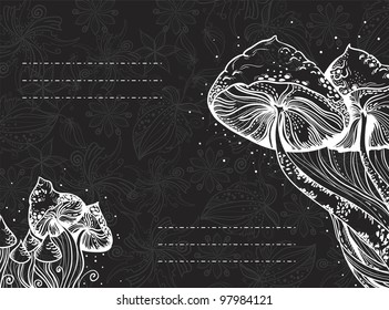 Decorative card with swirls, mushrooms and flowers