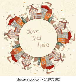 Decorative card with vintage houses at daylight