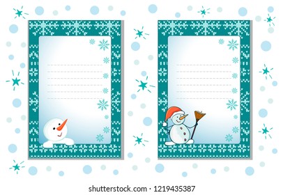 Decorative cards for Christmas and the New Year with a knitted ornament and snowmen.