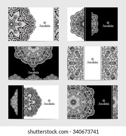 Decorative cards set with elegant monochrome mandalas isolated vector illustration