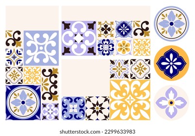 Decorative cards template. Portuguese and spanish motifs, rosettes with flowers. Abstract traditional lisbon tiles. Vector modern cards stickers design