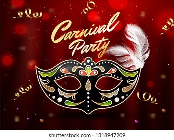 Decorative carnival mask on red bokeh background decorated with ribbons, Carnival party poster or template design.