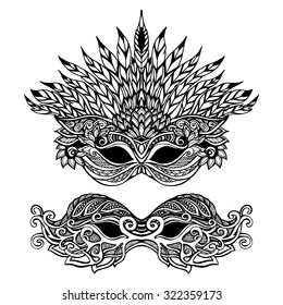 Decorative carnival mask set with feathers and ornaments isolated vector illustration