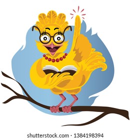 Decorative cartoon bird character, with glasses sitting on a stack of books, vector illustration, sticker, print for clothes, emoji, emotion