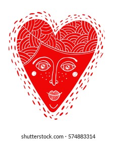 Decorative cartoon heart with the woman face. Vector illustration.
