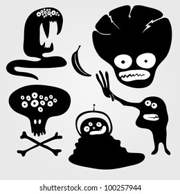 Decorative cartoon monsters silhouettes, vector illustration