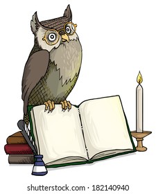 Decorative cartoon owl character, with glasses sitting on a stack of books, vector illustration