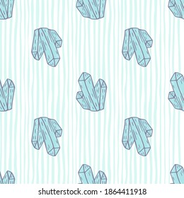 Decorative cartoon seamless pattern with blue crystals elements. White striped background. Designed for fabric design, textile print, wrapping, cover. Vector illustration.
