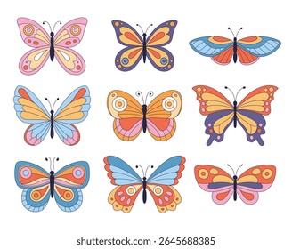 Decorative cartoon style butterflies, set of illustrations