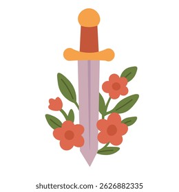 Dekoratives Cartoonschwert mit floralen Elementen, sanften, flachen Farben, starker und femininer Stimmung.