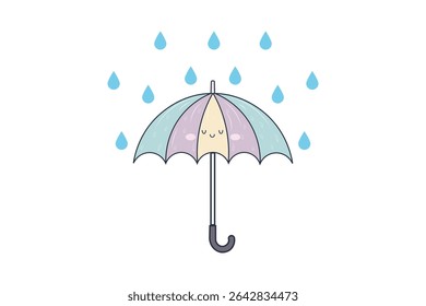 Decorative cartoon umbrella with falling rain drops, vector illustration for rainy day themes, flat and playful style for web, posters, textile prints, weather infographics, and kids projects

