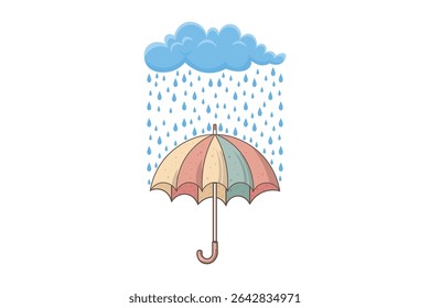 Decorative cartoon umbrella vector with falling rain drops, seamless weather pattern for digital backgrounds, baby art, and print-ready illustrations

