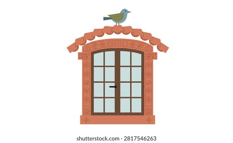 Decorative cartoon window featuring an ornate floral frame and a small bird perched on top.