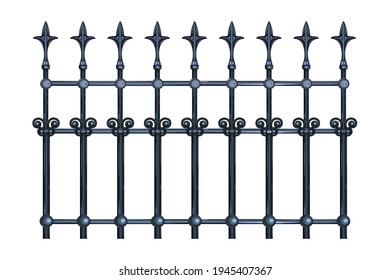 Decorative cast iron wrought fence with artistic forging isolated on white background. Metal guardrail. Steel modular railing. Vintage gate with swirls. Black forged lattice fence. Vector illustration