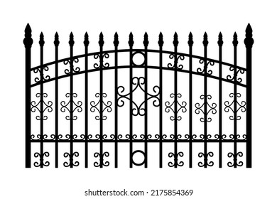 Decorative cast iron wrought fence silhouette with artistic forging isolated on white background. Metal guardrail. Steel modular railing. Vintage gate with swirls. Black forged lattice fence. Vector