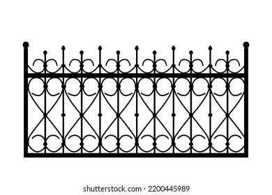 Decorative cast iron wrought fence silhouette with artistic forging isolated on white background. Metal guardrail. Steel modular railing. Vintage gate with swirls. Black forged lattice fence. Vector