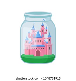 Decorative castle in glass jar. Vector illustration.