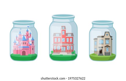 Decorative Castle and Mansion Rested in Glass Jar as Souvenir Vector Set