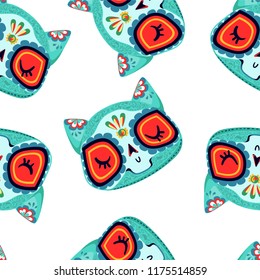 Decorative Cat, Day of the Dead flower seamless pattern Cartoon Vector Illustration.