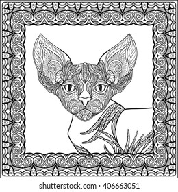 Decorative Cat in ethnic decorative frame. Vector illustration.  Adult Coloring book. Coloring page. Vector illustration.