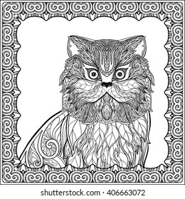 Decorative Cat in ethnic decorative frame. Vector illustration.  Adult Coloring book. Coloring page. Vector illustration.