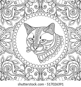 Decorative Cat with frame ornament, doodle floral pattern. Adult Coloring book. Coloring page. Stylized doodle cat. Zen art design. Vector illustration