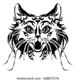 Decorative cat head in doodling style. Hand drawing ink. It can be used for tattoos and printing on t-shirts. Vector illustration. The head of cat with open mouth.