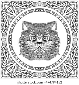 Decorative Cat head on ethnic decorative pattern background. Vector illustration.  Adult Coloring book. Coloring page. Vector illustration.